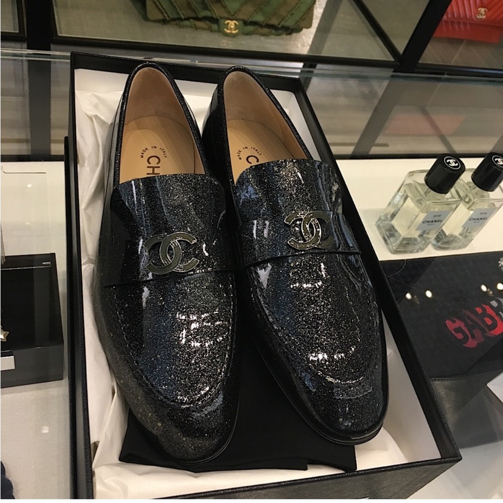 CHANEL Black Glitter Patent Leather Loafers